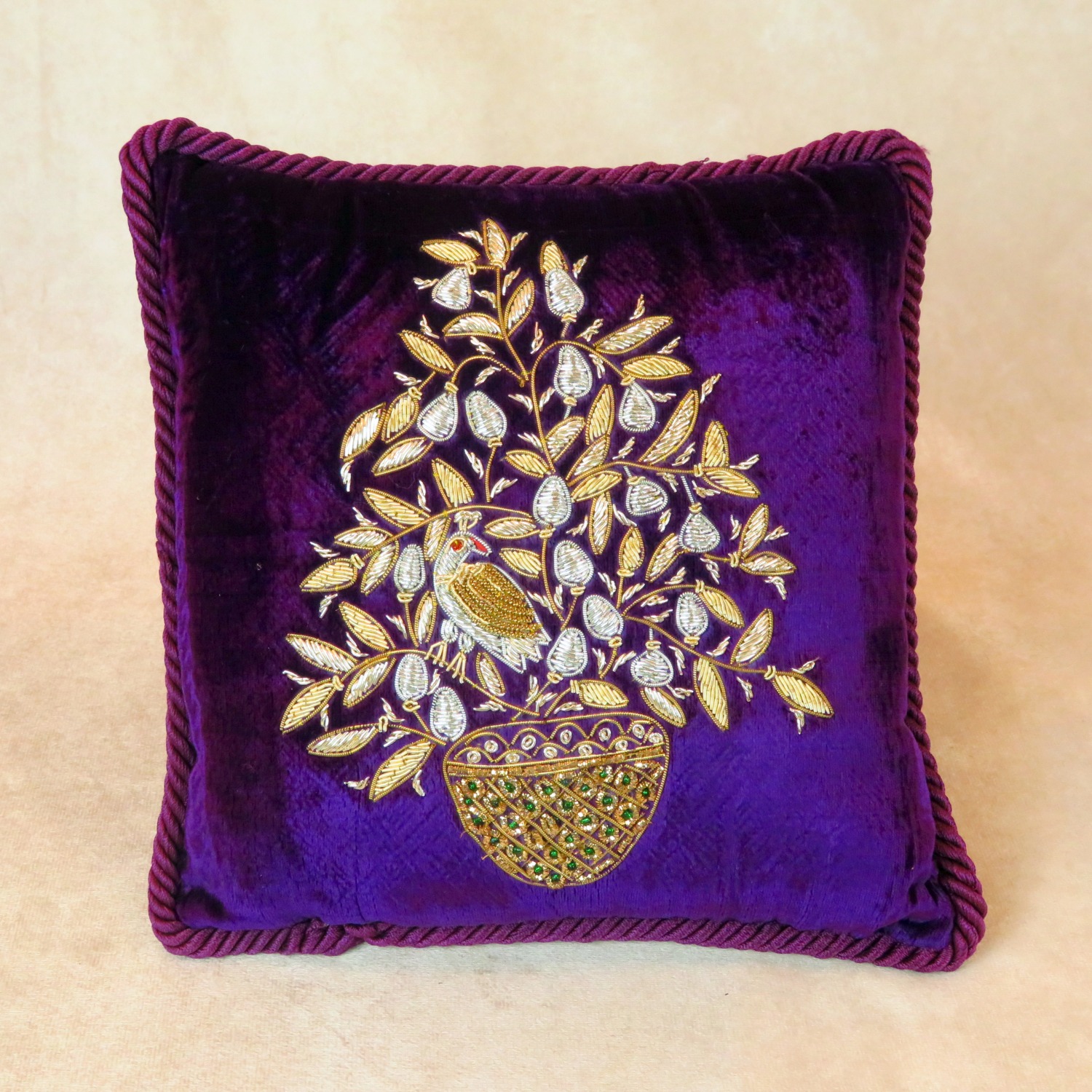 Purple Partridge In Pear Tree Hand Embroidered Pillow Sudha Benefit Sale