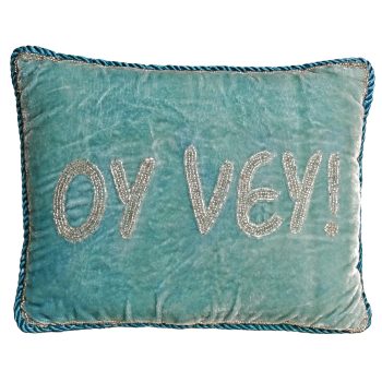 8x10 Hanukkah Pillow Silver Beaded Oy Vey on Light Blue Ash Vel
