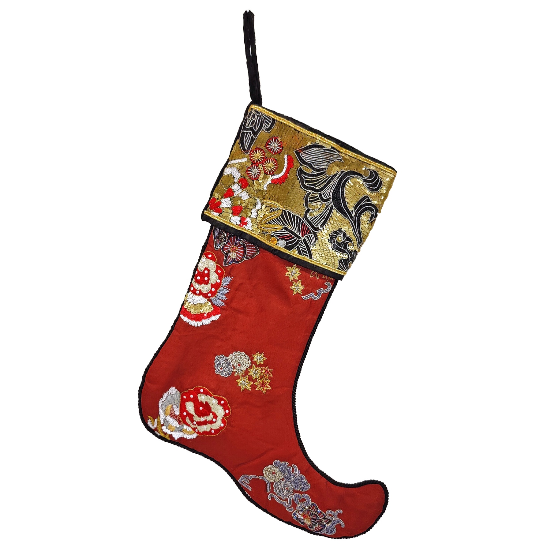 Red Kimono-esque Bead & Sequin Embroidered Stocking