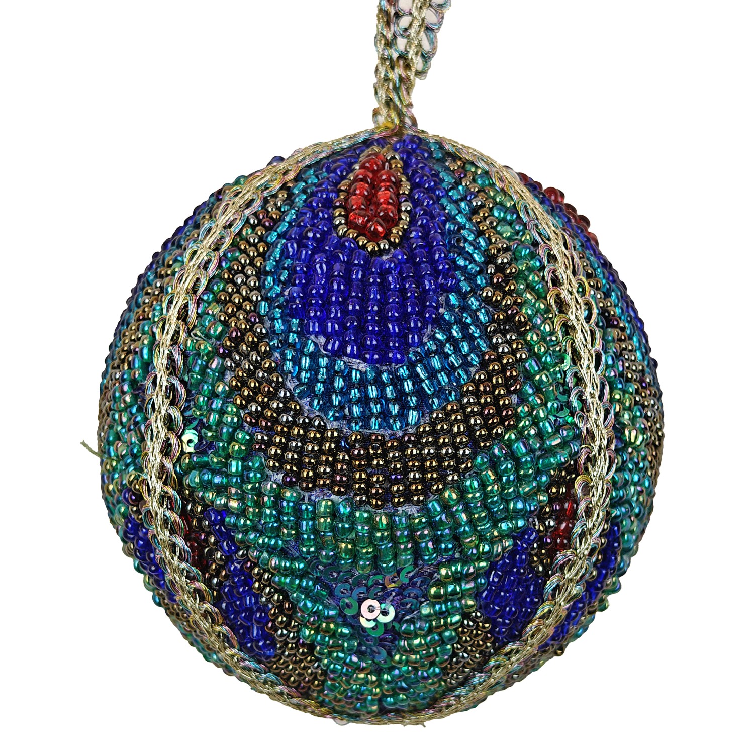 3" Peacock Beaded Ball Orn