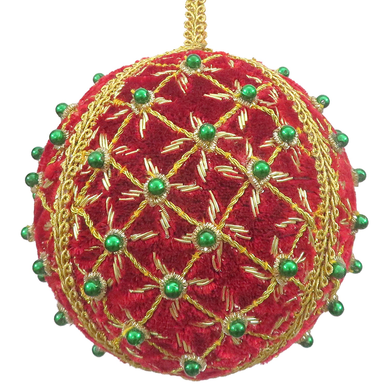 4" Ball Ornament Red Ash Vel w/Gold Emb & Green Stones