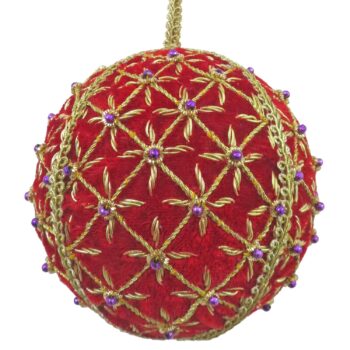 4" Red Ash Velvet Ball w/Gold Embroidery