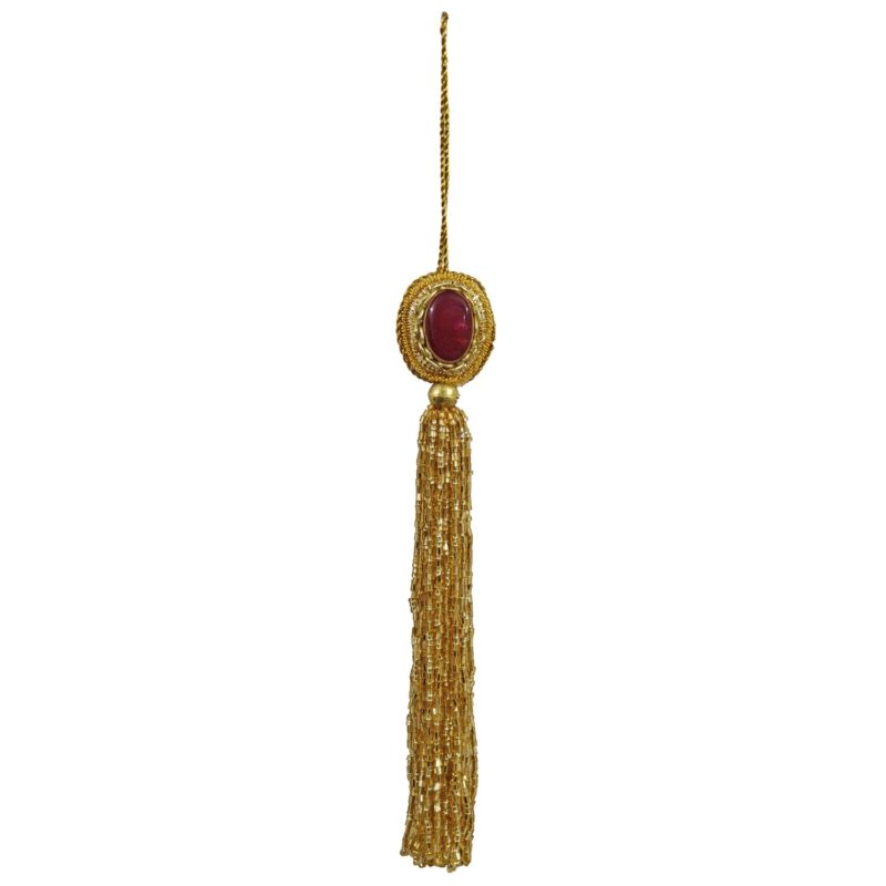 Gold Beaded Tassel Ornament w/Red Stone - Image 2