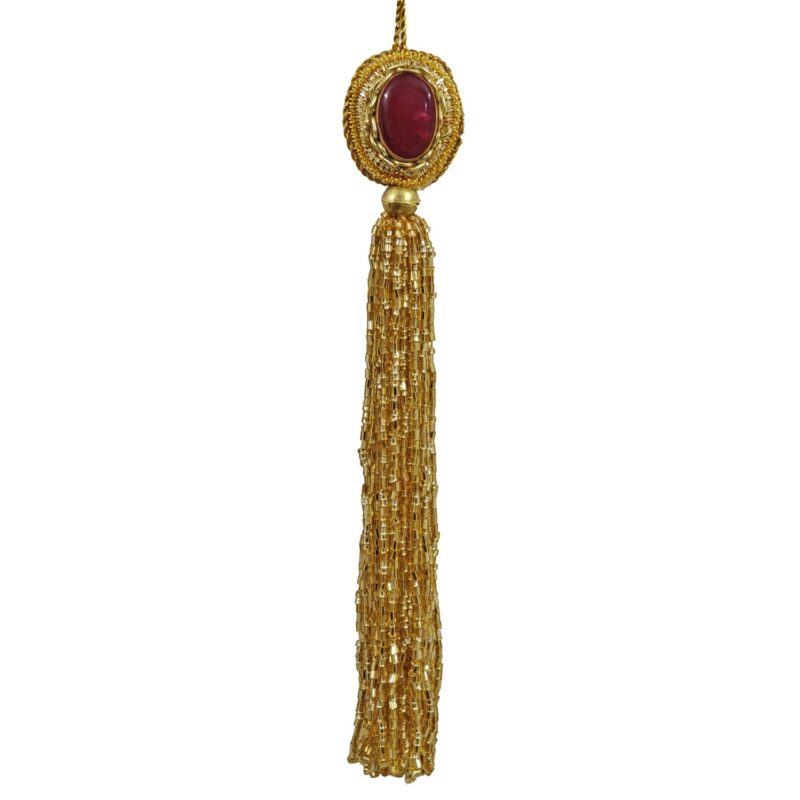 Gold Beaded Tassel Ornament w/Red Stone