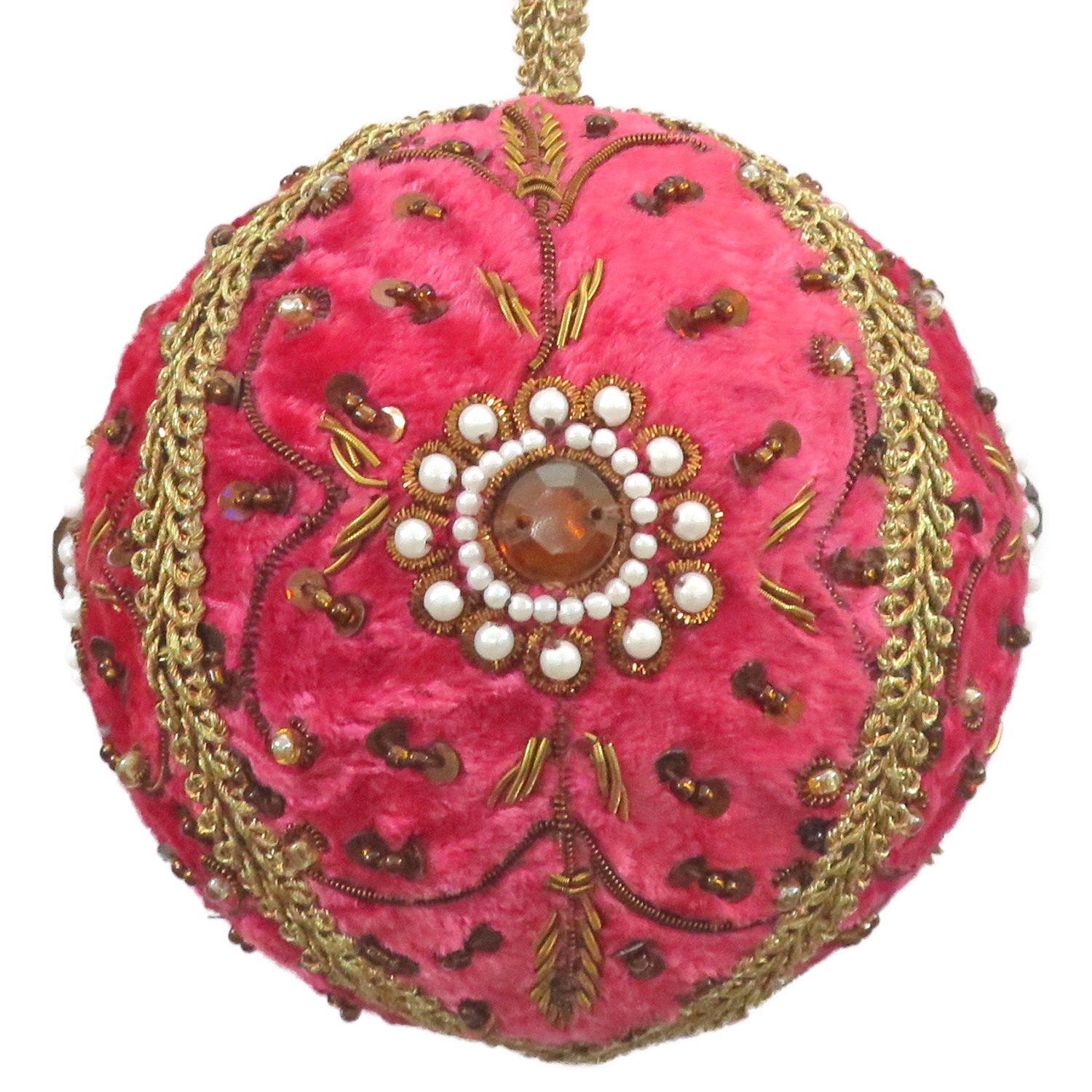4" Bauble Dark Pink Velvet Base & Dark Red Gem Center. Surrounded by Pearls