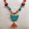 Hand Carved Butterfly Pendant on Carnelian & Turquoise Necklace 20"