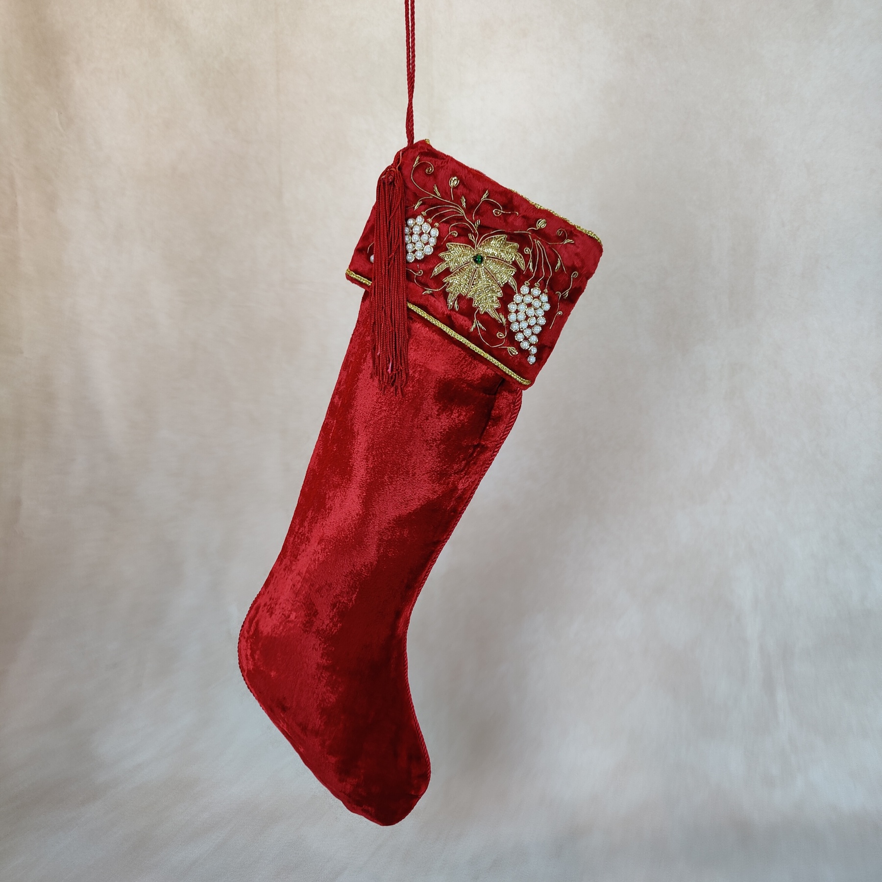 Red Ashwani Velvet Stocking w/William Morris Embroidered Cuff Sudha Benefit Sale