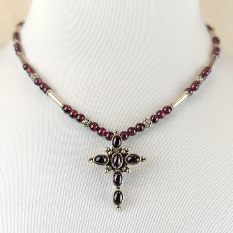 Garnet & Sterling Silver Necklace w/SS Cross Pendant