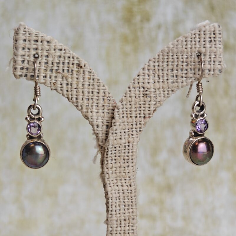 Sterling Silver, Amethyst, & Peacock Pearl Earrings