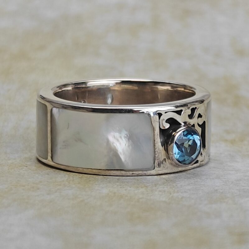 Aqua Marine & Mother of Pearl Inlay SS Ring (Size 6) - Image 2