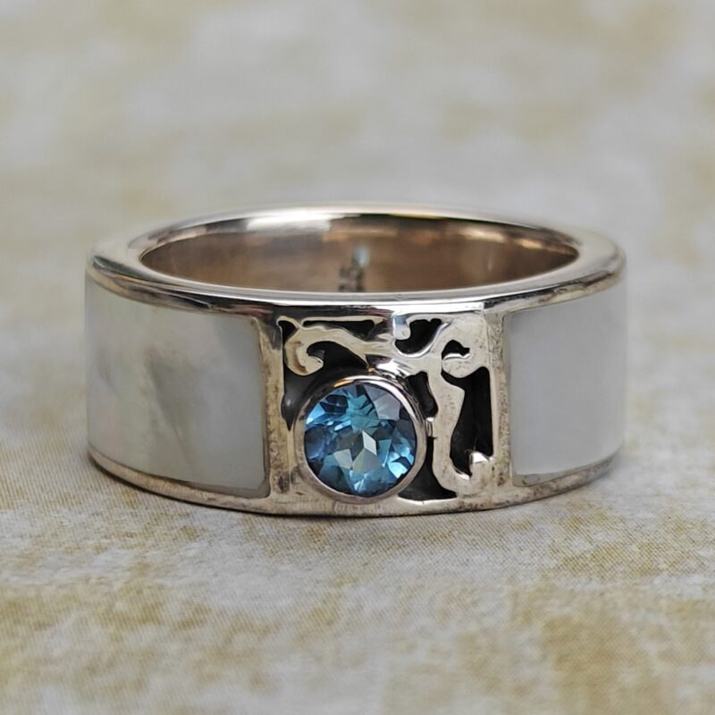 Aqua Marine & Mother of Pearl Inlay SS Ring (Size 6) - Image 5