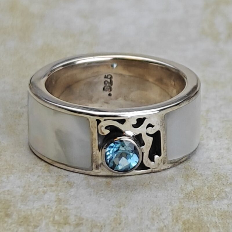 Aqua Marine & Mother of Pearl Inlay SS Ring (Size 6)