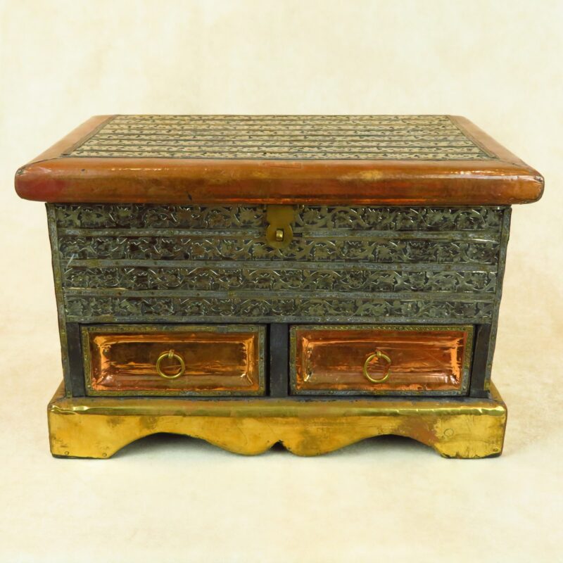 Antique Wood Box w/Metal Inlay All Over - Image 2