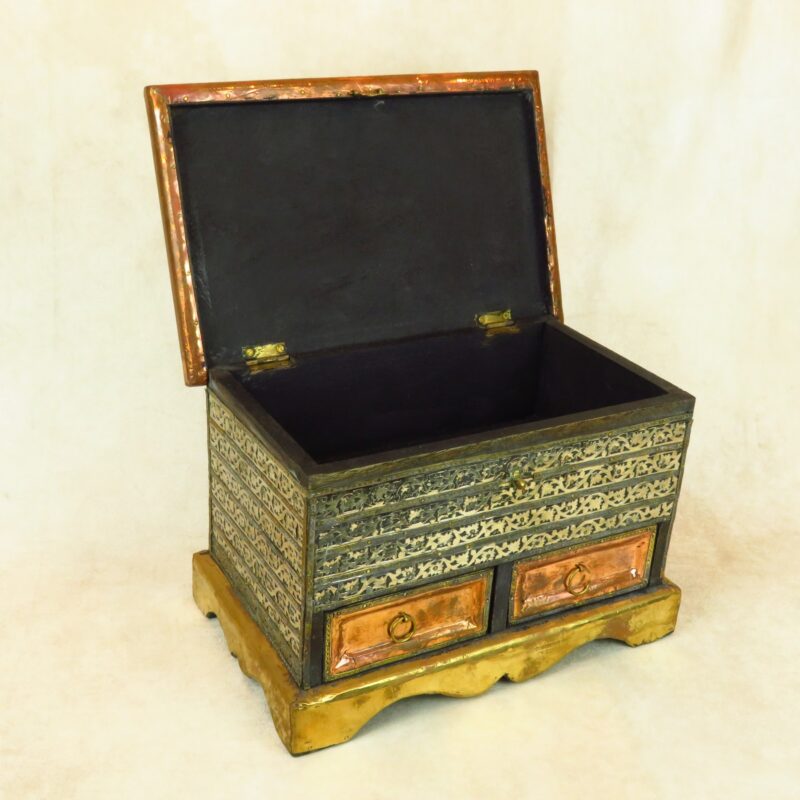 Antique Wood Box w/Metal Inlay All Over - Image 3