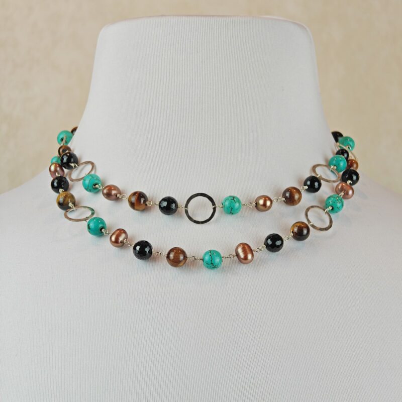 Double Strand Turquoise, Tiger's Eye Silver Plated Necklace - Image 3