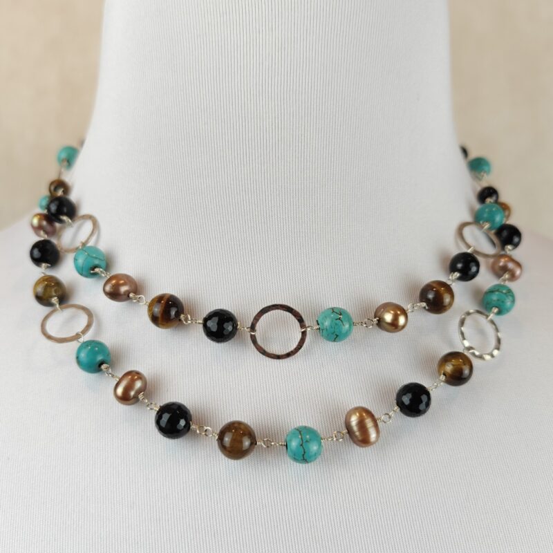 Double Strand Turquoise, Tiger's Eye Silver Plated Necklace