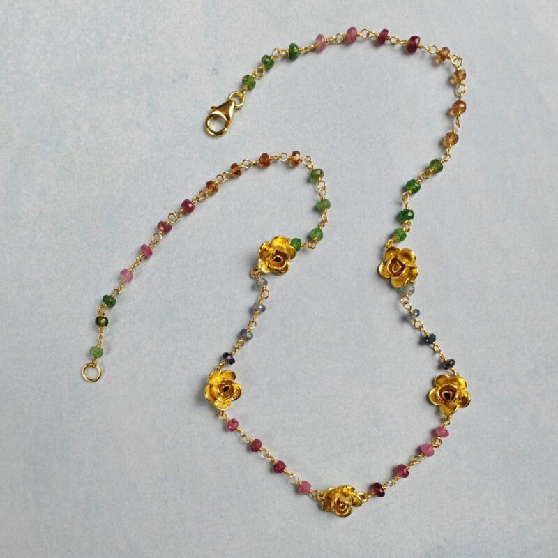 Multi Color Sapphire Necklace w/Vermeil Flowers - Image 2