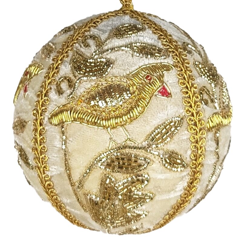 4" Gold Ball Ornament w/Gold Partridge in Pear Tree Embroidery - Image 2