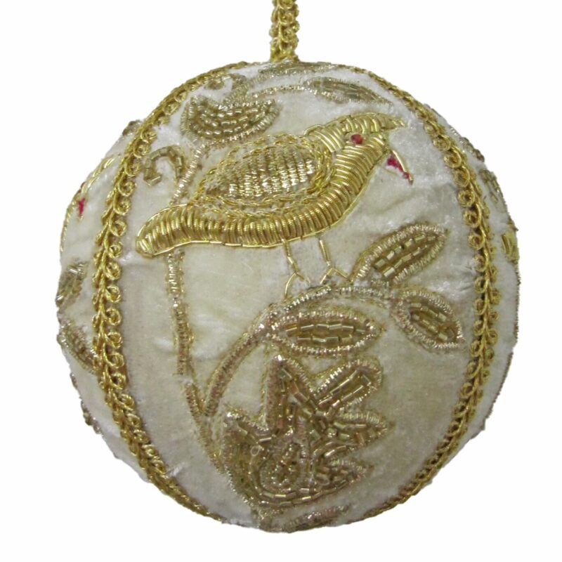 4" Gold Ball Ornament w/Gold Partridge in Pear Tree Embroidery