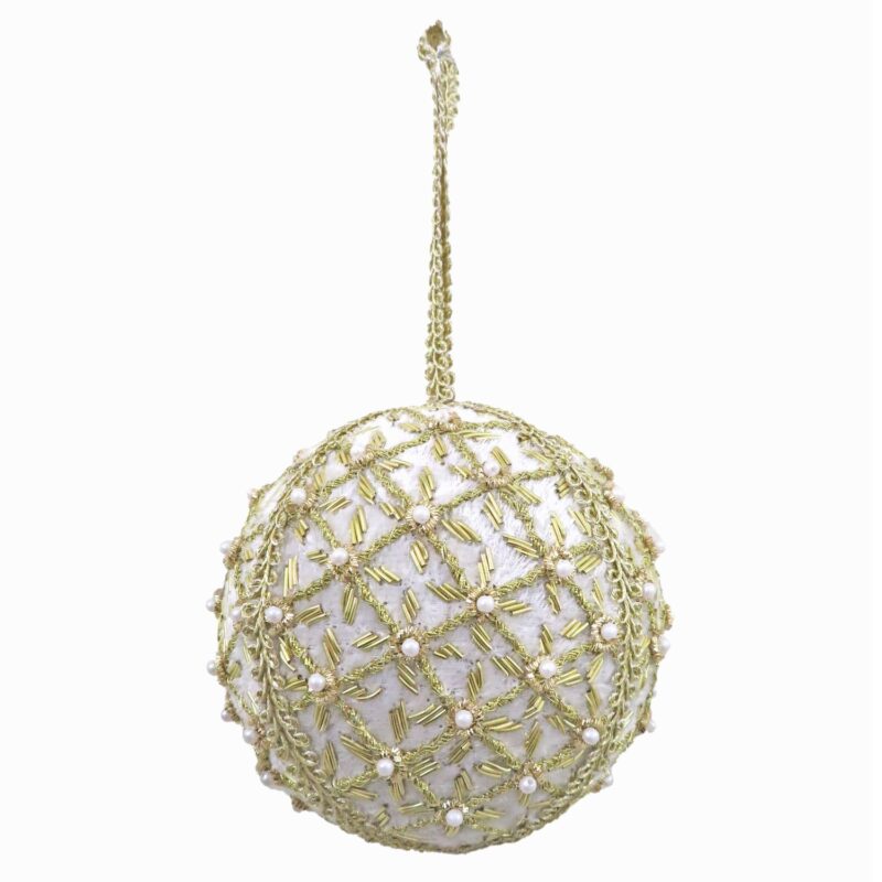 4" white velvet bauble w/gold cross embroidery & pearls - Image 2