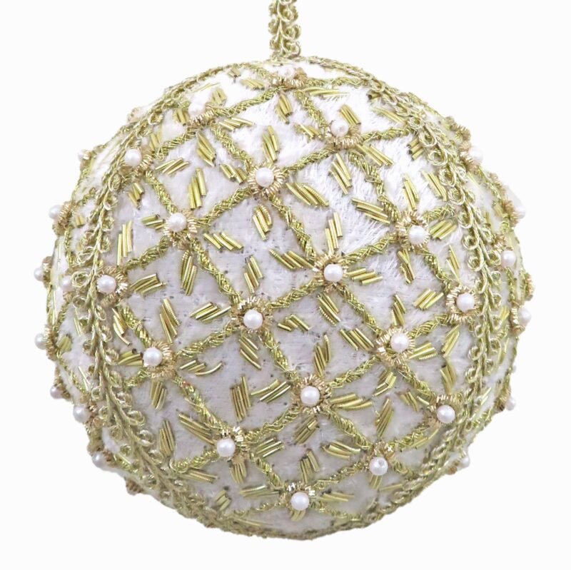 4" white velvet bauble w/gold cross embroidery & pearls