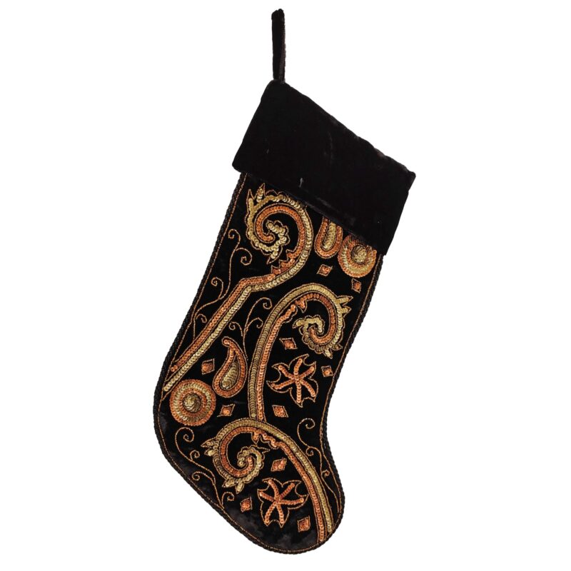 Black Ashwani Velvet Stocking w/Sequin & Bead Embroidery