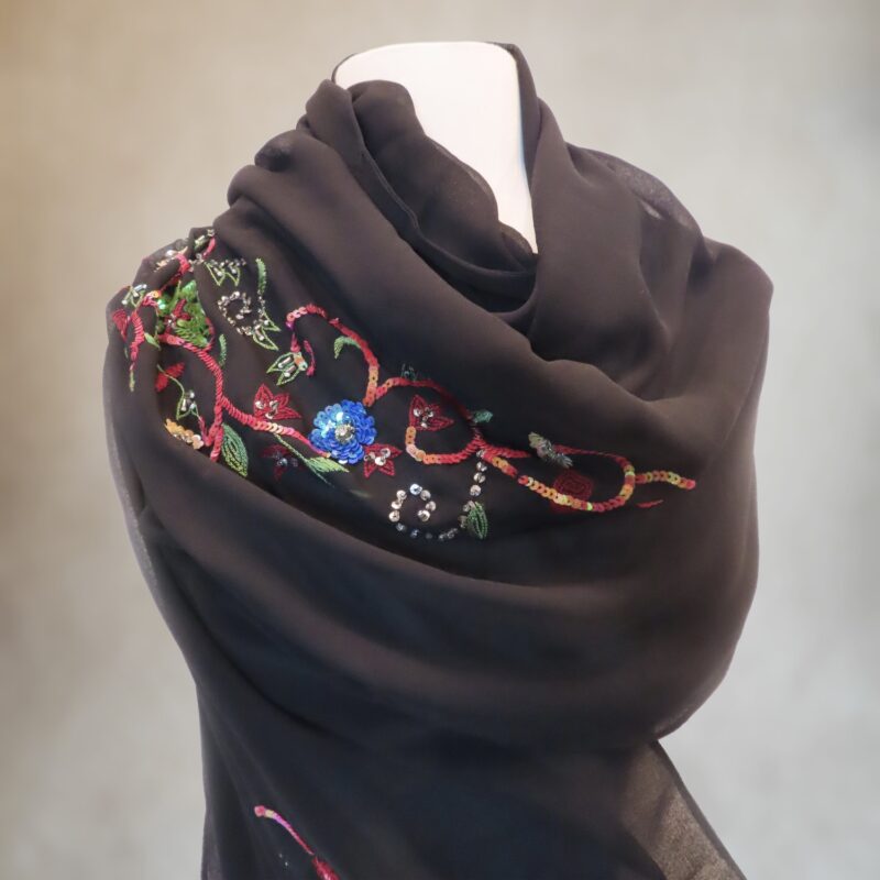 Black Georgette Scarf w/Sequin Embroidery