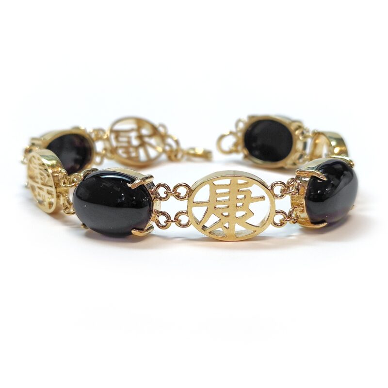 Sandra Bracelet - Black Onyx w/Peace, Health, Longevity, & Prosperity Symbols (Gold Plate)