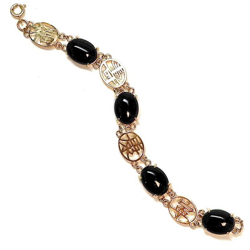 Sandra Bracelet - Black Onyx w/Peace, Health, Longevity, & Prosperity Symbols (Gold Plate) - Image 2