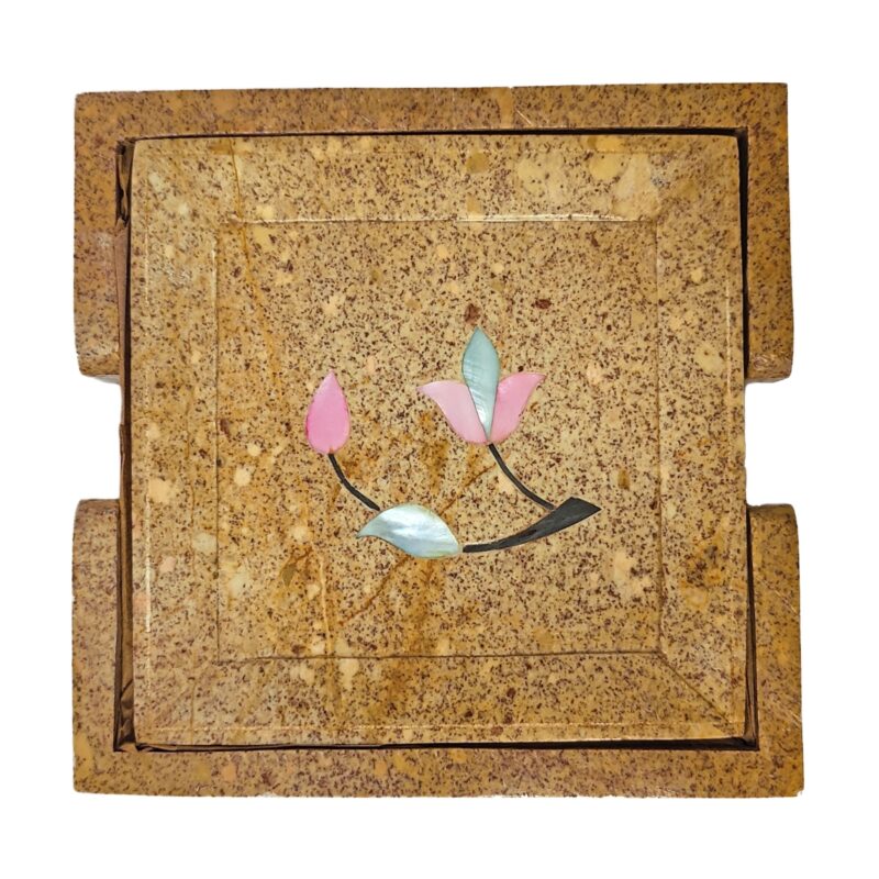 Set of 4 Soapstone Coasters with Hand Inlay and Case - Image 2